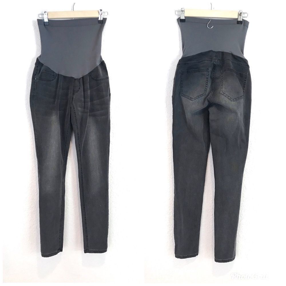 Gray Maternity Skinny Jeans Full Panel Distressed Tapered Stretch XS X-Small